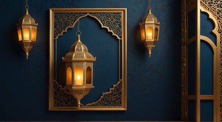 golden arabic frame with a blue background and gold arabic lanterns,