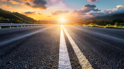 Poster - Asphalt highway road and sky sunset clouds landscape : Generative AI