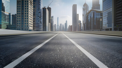 Poster - Empty urban asphalt road exterior with city buildings background New modern highway concrete construction Concept of way to success Transportation logistic industry fast delivery Chica : Generative AI