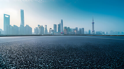 Aufkleber - Empty asphalt road and city skyline in Shanghaihigh angle view : Generative AI