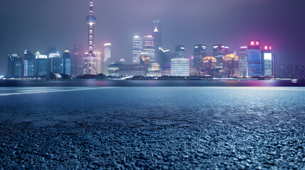 Wall Mural - Asphalt road and wall with city skyline at night in Shanghai China : Generative AI