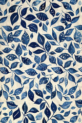 Wall Mural - blue and white simple geometric leaves pattern on linen, symmetrical