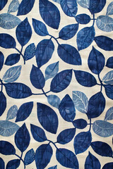 Wall Mural - blue and white simple geometric leaves pattern on linen, symmetrical