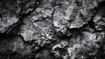 Poster - Black white stone texture Rock surface Closeup Like a old rough concrete wall Dark gray grunge background with space for design Template Backdrop Wide banner Panoramic : Generative AI