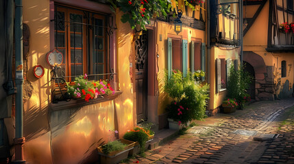 Scenic street in Riquewihr know for vine etc One of the most beautiful villages in Alsace France Traditional old and colourful houses and flowers on a windowsill : Generative AI