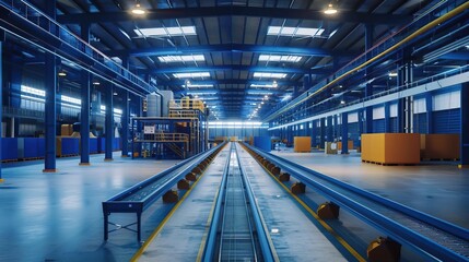 Cinematic view of a contemporary industrial factory with blue steel machinery and automated conveyor systems for manufacturing