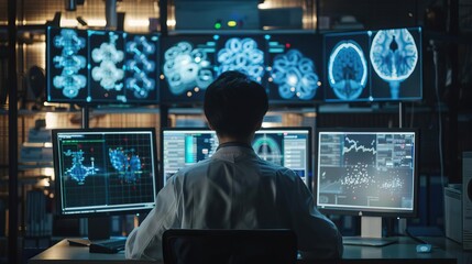 Deep learning model testing in front view  A scientist observing realtime model performance on monitors, emphasizing precision in technology tone with a Monochromatic Color Scheme