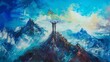 © Bijac - victorious couple celebrating success on mountain peak holding hands high oil painting