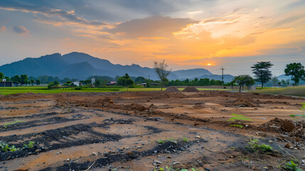 Land landscape at evening Include soil backfill empty or vacant area at outdoor Real estate or property for small plot development housing subdivision construction and investment in Ch : Generative AI