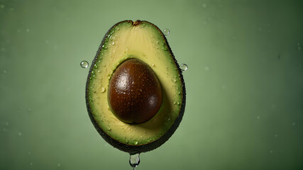 avocado half catted with water drops and soft green background