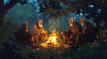 wise elderly figures sharing stories around campfire heartwarming digital painting