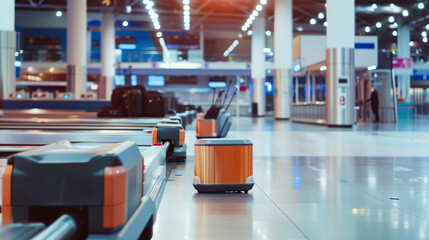 Canvas Print - Automation Processes - Automated baggage sorting systems in the background of the modern arrivals hall, with robots moving through the area.