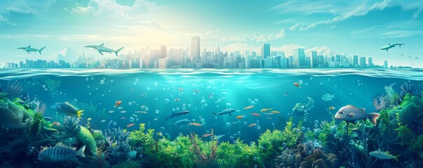 Wall Mural - An underwater utopia hidden beneath the waves, with gleaming domed cities and underwater gardens providing sanctuary for aquatic life amidst the depths of the ocean.   illustration.