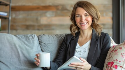 Poster - Woman Relaxing with Coffee and Tablet