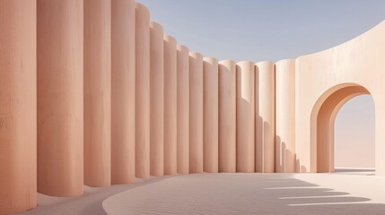 A minimalist architectural scene featuring a series of tall, cylindrical columns and a large archway, all in a soft, pastel peach color. The ground is covered in smooth sand, and the sky is clear