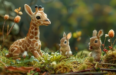 On lush grass, a charming giraffe extends its neck, offering playful rabbits and squirrels a slide