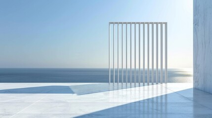 A minimalist architectural structure with vertical white bars casting shadows on a marble floor, overlooking a calm ocean under a clear blue sky