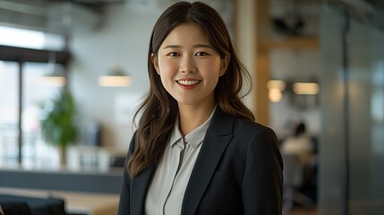 Portrait of a confident young businesswoman, smiling in a modern office environment, dressed in professional attire..