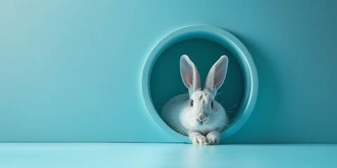 Poster - dorable bunny ears popping out from a circular cut-out in a bright blue surface. Easter concept. illustration