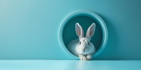 Canvas Print - dorable bunny ears popping out from a circular cut-out in a bright blue surface. Easter concept. illustration