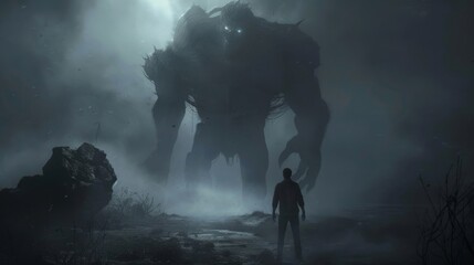 Wall Mural - A man stands in front of a large monster in a dark, eerie forest