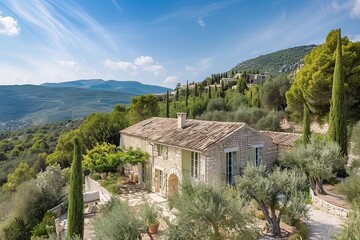 Wall Mural - A beautiful Mediterranean villa nestled amidst lush greenery with a spectacular mountain view in the background