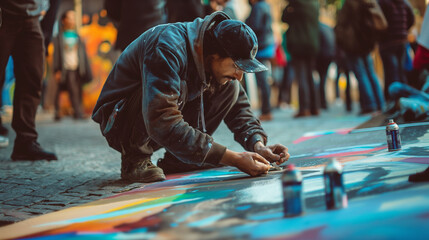 A painter creating a street art masterpiece live, with people gathered around, captivated by the evolving artwork. Dynamic and dramatic composition, with copy space