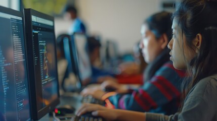 Poster - Multiple individuals are seated at desks in an office, concentrating on their computers and collaborating on tasks.