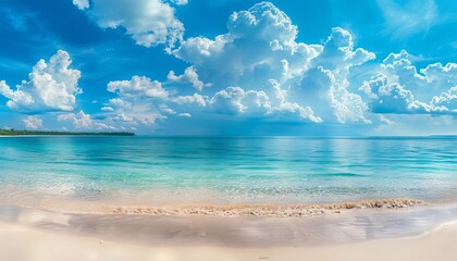 Wall Mural - Crystal clear waters meet a white sandy shore under the expansive blue sky with fluffy clouds