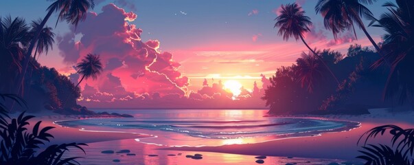 Wall Mural - An idyllic beach and ocean landscape on a tropical island with palm trees and coconut trees in the sunset light.  simple illustration