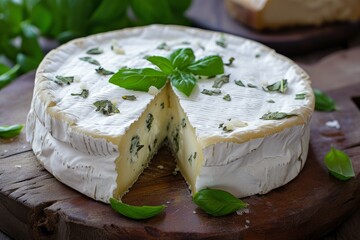 Sticker - Gourmet camembert cheese with fresh basil leaves on a rustic wooden board, with a wedge cut out