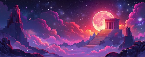 Wall Mural - A cosmic temple floating amidst the stars, its ancient architecture and celestial symbols a testament to the mysteries of the universe.   illustration.