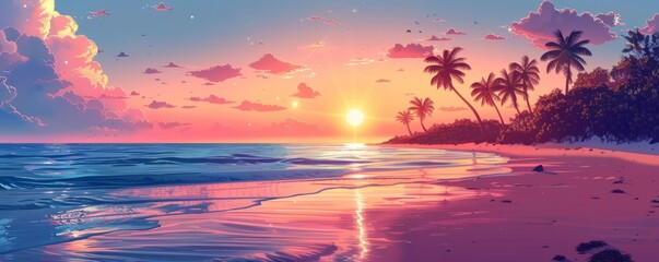 Wall Mural - An idyllic beach and ocean landscape on a tropical island with palm trees and coconut trees in the sunset light.  simple illustration