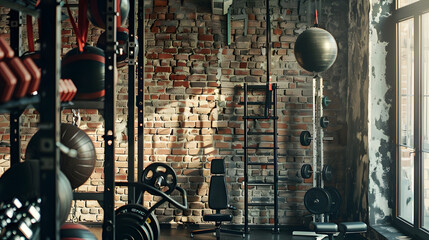 Poster - Loft style gym with old brick wall with sports equipment : Generative AI