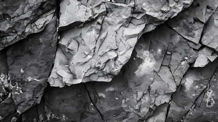 Poster - Black white stone texture Rock surface Closeup Like a old rough concrete wall Dark gray grunge background with space for design Template Backdrop Wide banner Panoramic : Generative AI
