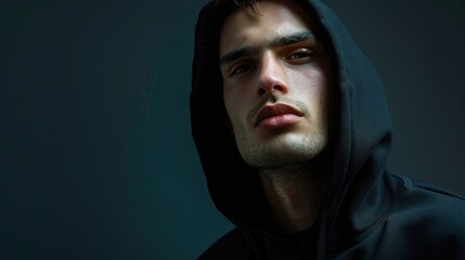 Canvas Print - A handsome model in a black hoodie on a plain dark backdrop