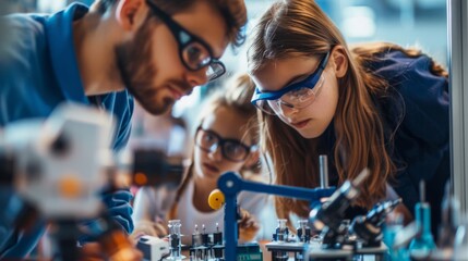 Poster - A diversified group of professionals collaborating on a scientific project in a laboratory setting.