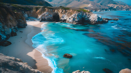 Garrapata Beach with nobody by the sea of clear blue water in a bay surrounded by rocky cliffs and mountain in Big Sur California USA : Generative AI