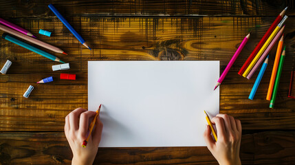 Poster - Girl hand drawing blank paper and colorful pencils on old wooden table : Generative AI