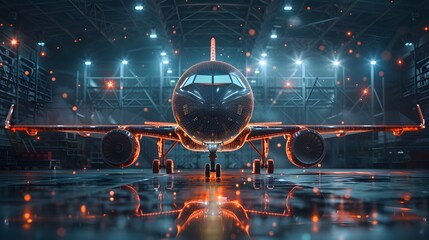 Close-up of airplane in illuminated hangar