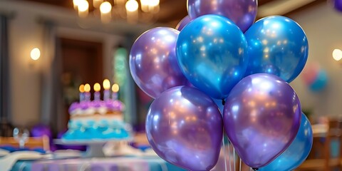 Wall Mural - Celebratory Scene: Colorful Balloons and Birthday Cake with Candles in the Background. Concept Birthday Celebration, Colorful Balloons, Birthday Cake, Candles, Festive Decor