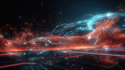 Poster - Abstract technology burst with glowing wires and particles in motion. Technology and science dynamic background.