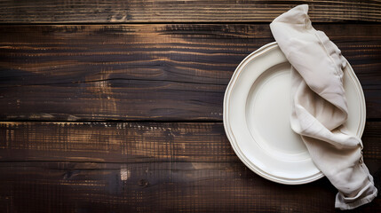 Aufkleber - Empty plate and linen napkin on brown wooden background Copy space Top view  Image : Generative AI