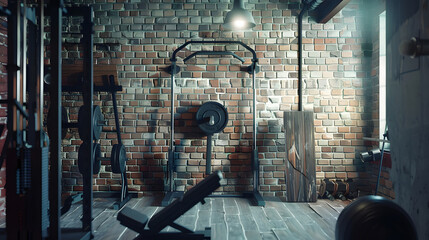 Poster - Loft style gym with old brick wall with sports equipment : Generative AI