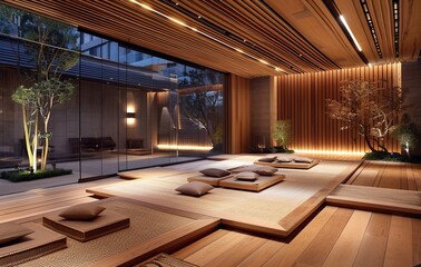 Poster - An intricately designed modern Japanese zen-style room with elegant straight lines, ambient lighting, and a serene atmosphere