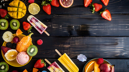 Refreshing summer food double border Selection of grilled fruits ice cream and ice pops Overhead view on a dark wood banner background : Generative AI