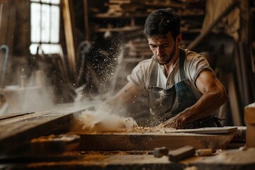 Wall Mural - Close up carpenter hands working with wooden plank, wood in a carpentry workshop. Joiner works using manual and electric equipment. Man doing woodwork professionally. Manufacturer, maker construction