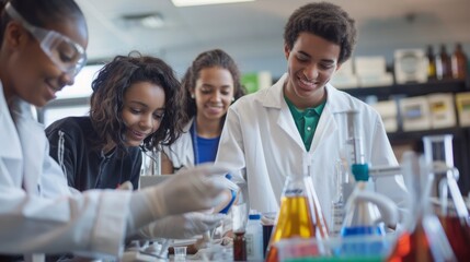 Poster - A group of students conducting experiments and working together in a laboratory setting.
