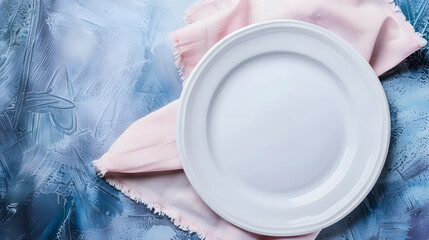 Poster - Top view on colored background empty round white plate on tablecloth for food Empty dish on napkin with space for your design : Generative AI