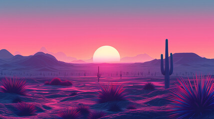 Wall Mural - illustration of a sunset in the desert with a cactus psychedelic style